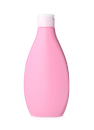 Photo of Pink plastic bottle with cosmetic product isolated on white
