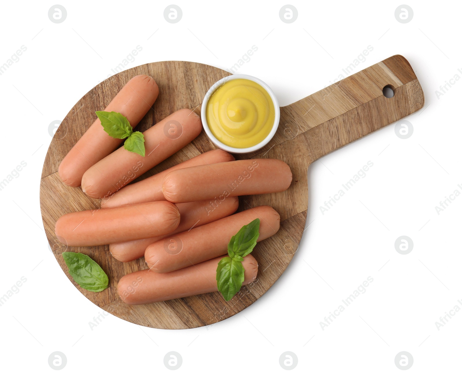 Photo of Delicious boiled sausages, sauce and basil isolated on white, top view