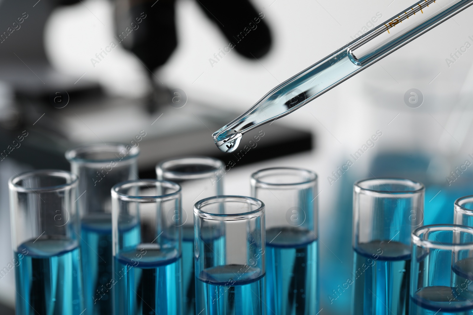 Photo of Dripping liquid from pipette into test tube in laboratory, closeup