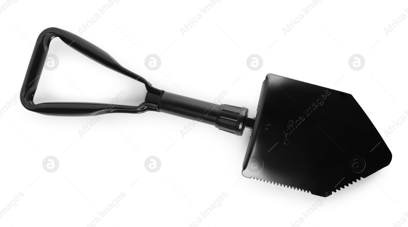 Photo of Foldable sapper shovel isolated on white, top view. Military training equipment