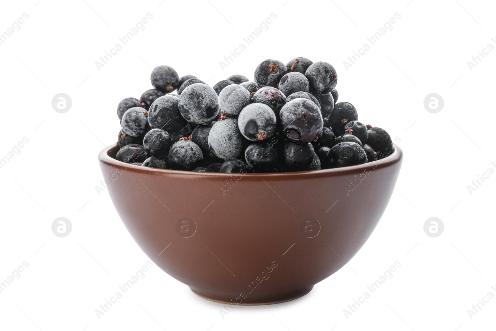 Photo of Tasty frozen black currants in bowl isolated on white