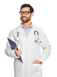 Photo of Doctor with stethoscope and clipboard on white background