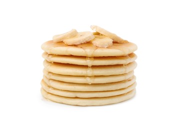 Photo of Delicious pancakes with banana slices and honey isolated on white