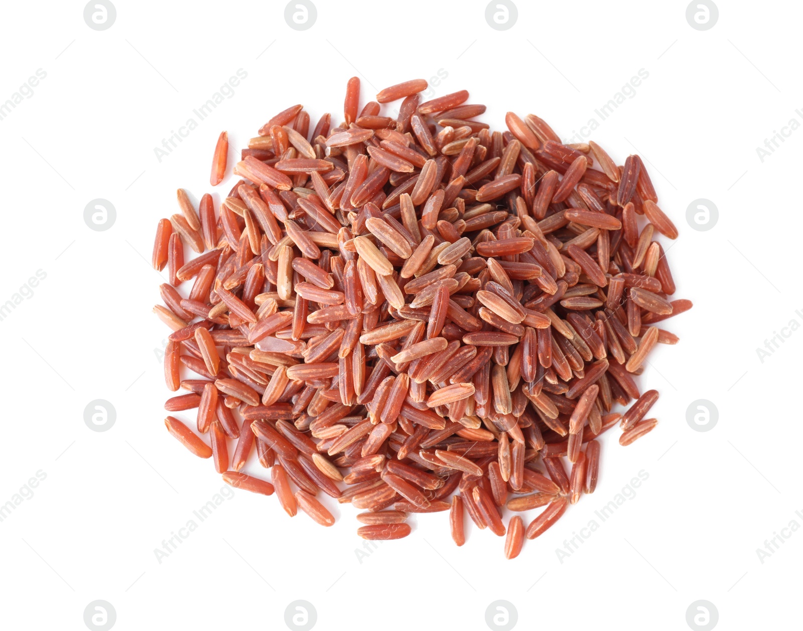 Photo of Uncooked brown rice isolated on white, top view