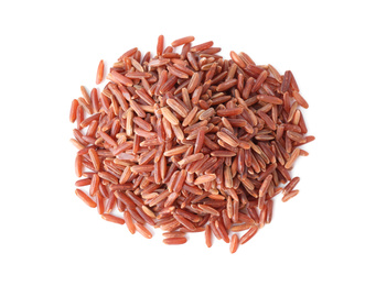 Photo of Uncooked brown rice isolated on white, top view