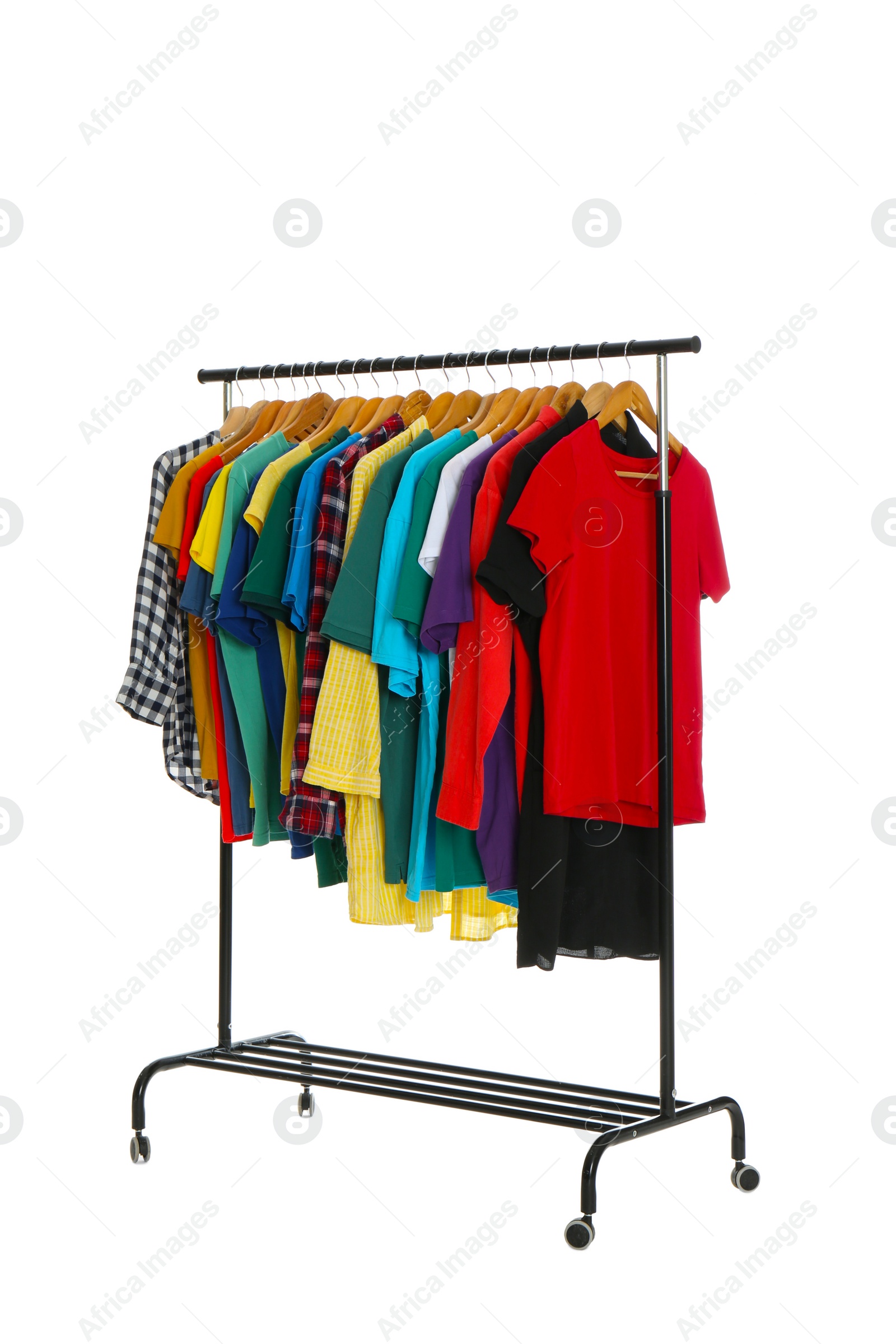 Photo of Rack with stylish t-shirts isolated on white