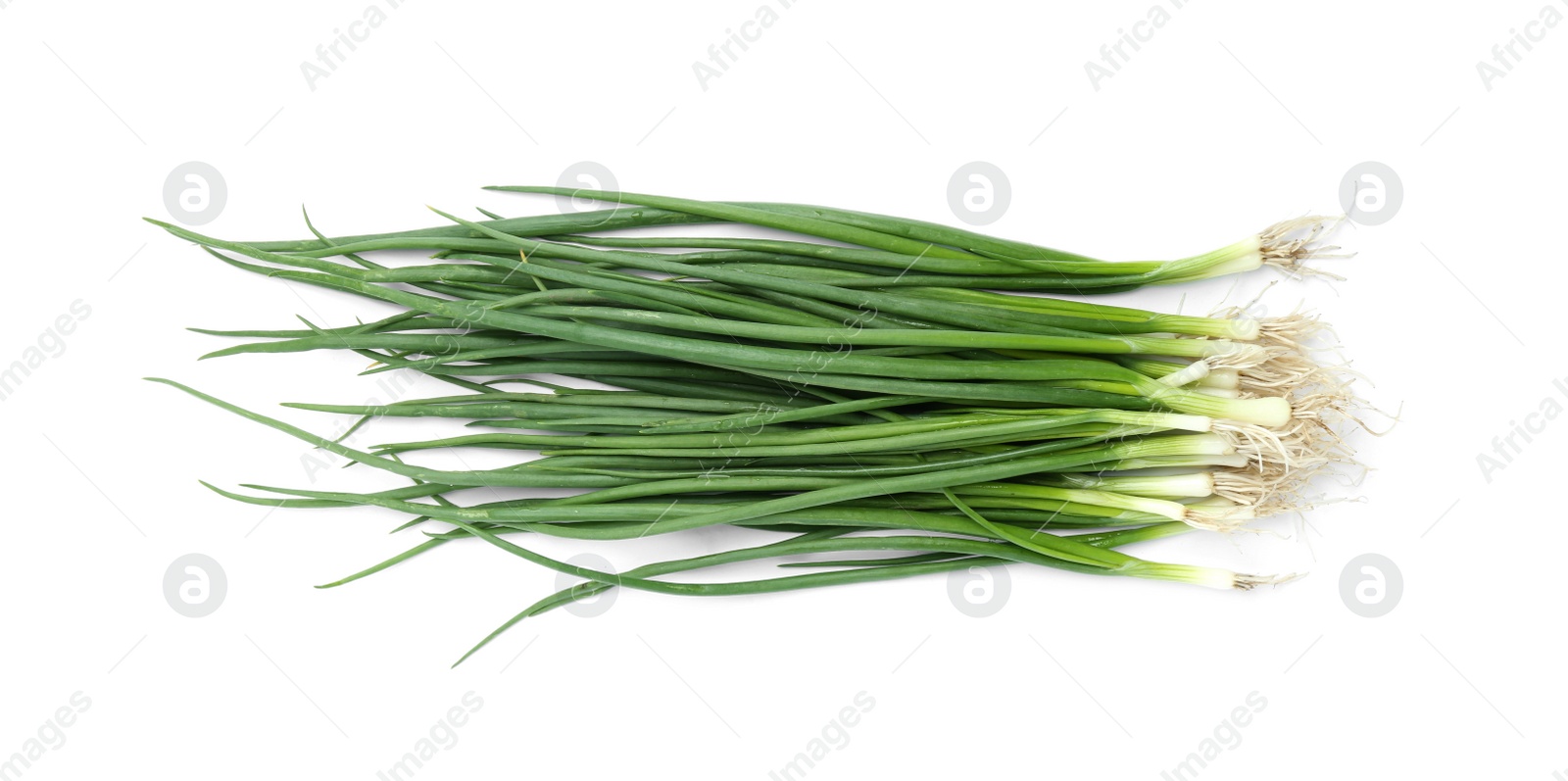 Photo of Fresh green spring onions isolated on white, top view