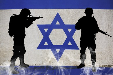 Image of Silhouettes of military, flag of Israel and smoke