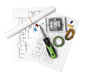 Photo of Wiring diagrams, disassembled light switch and screwdriver isolated on white, top view