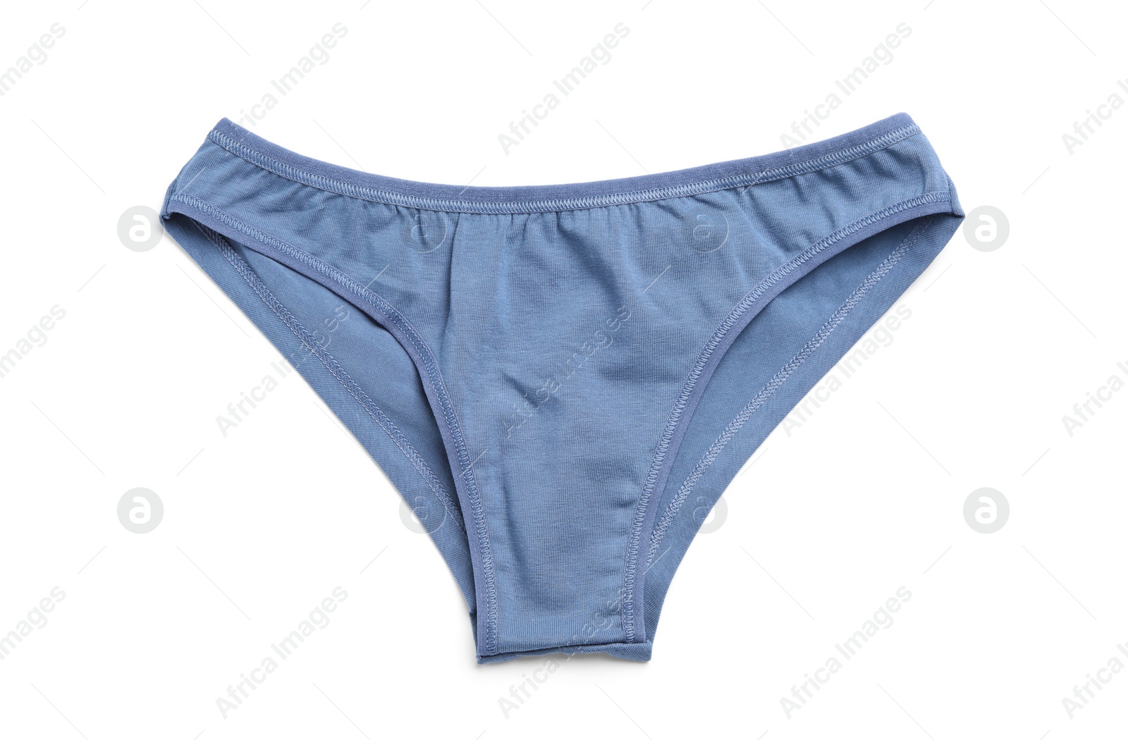 Photo of Comfortable blue women's underwear isolated on white, top view