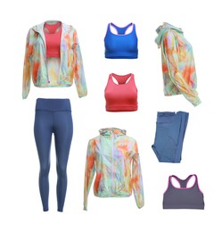 Collection of comfortable sportswear. Bright sports windbreaker, different bras and blue leggings on white background