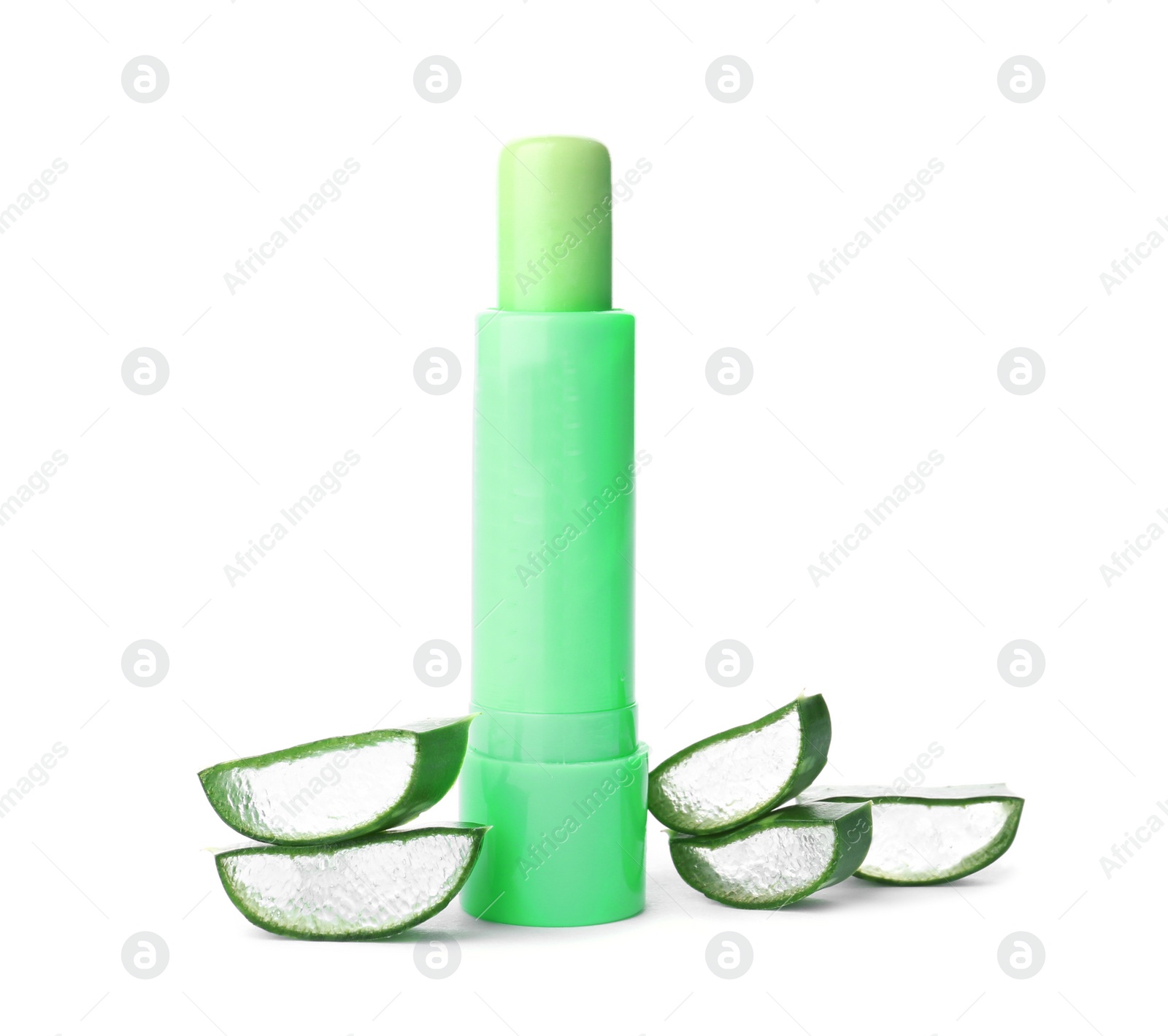 Photo of Hygienic lipstick with aloe vera and sliced leaves on white background