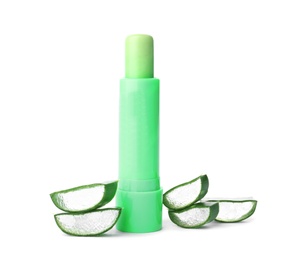 Photo of Hygienic lipstick with aloe vera and sliced leaves on white background