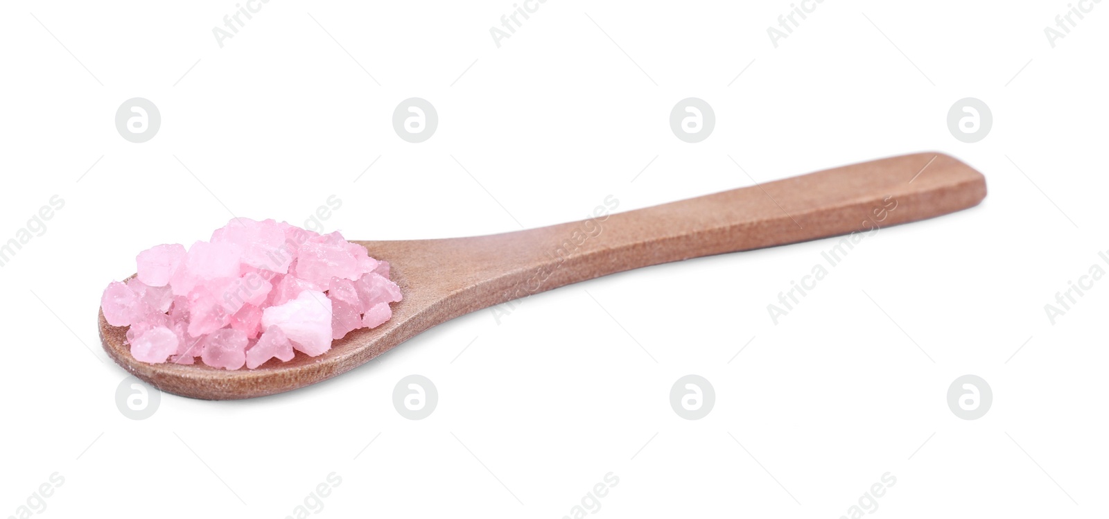 Photo of Wooden spoon with pink sea salt isolated on white