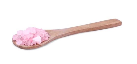 Photo of Wooden spoon with pink sea salt isolated on white