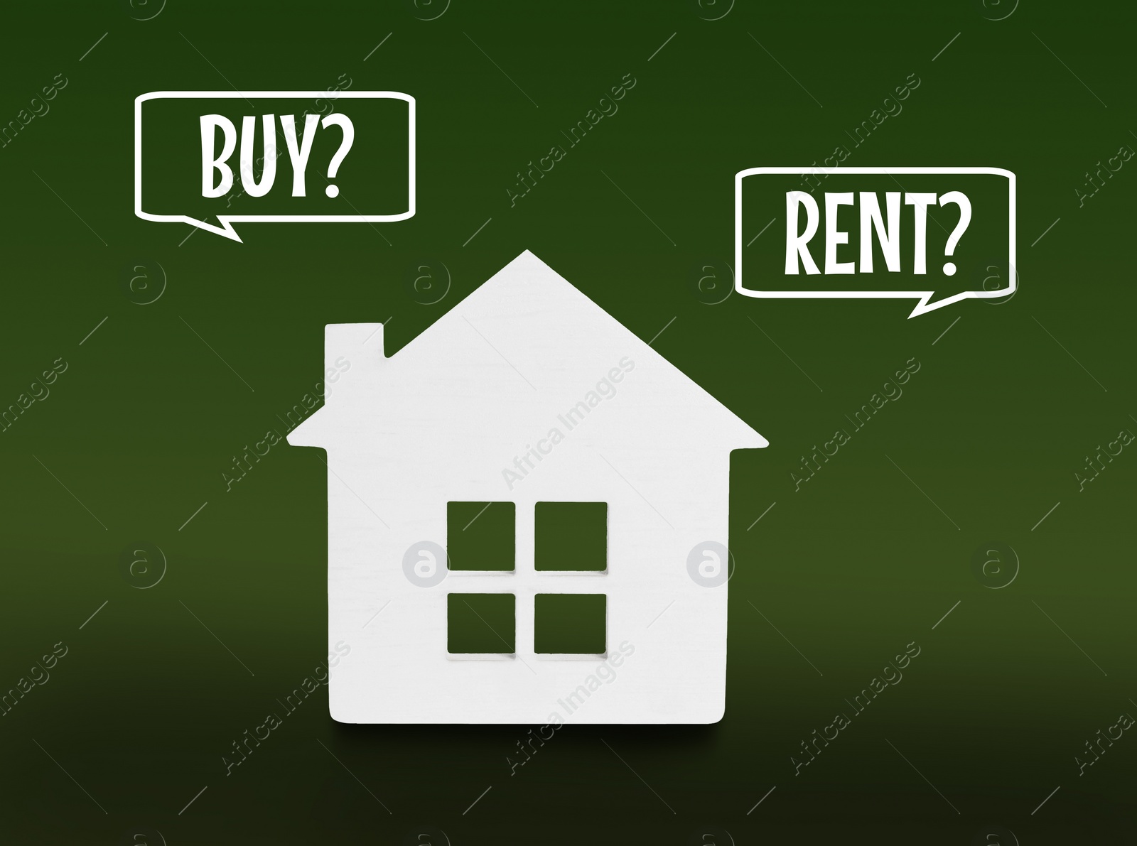 Image of Model of house and speech bubbles with words Buy and Rent on green background