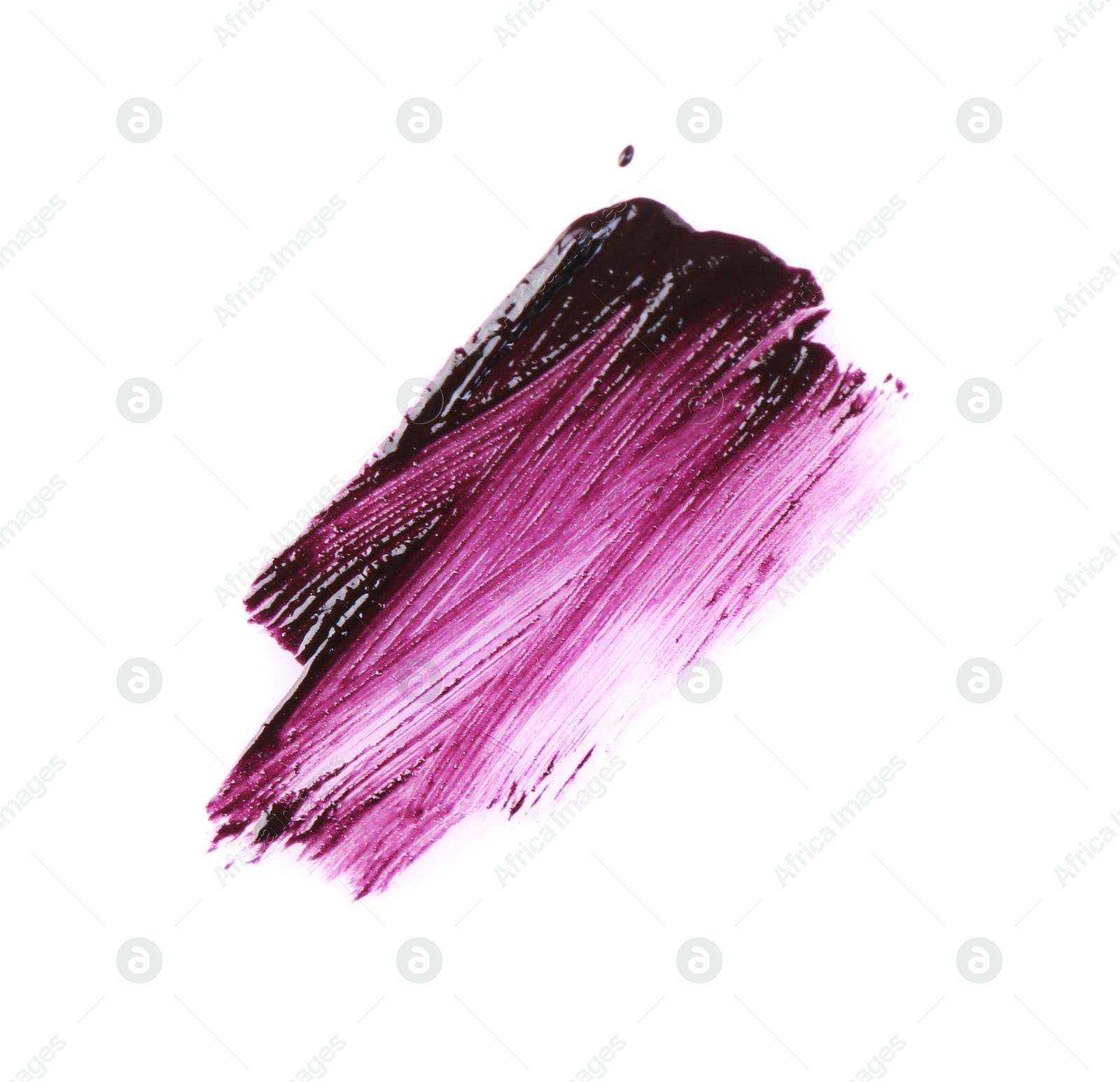 Photo of Stroke of purple lip gloss isolated on white, top view