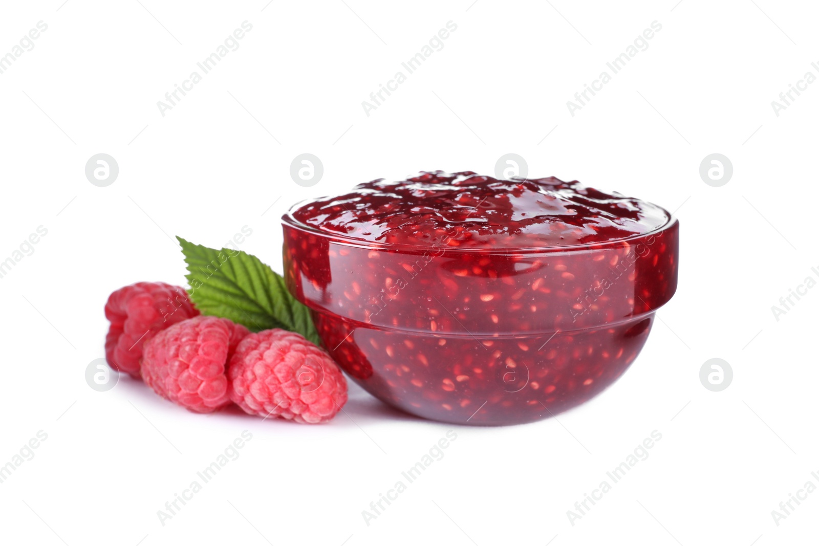 Photo of Delicious jam in bowl and fresh raspberries isolated on white