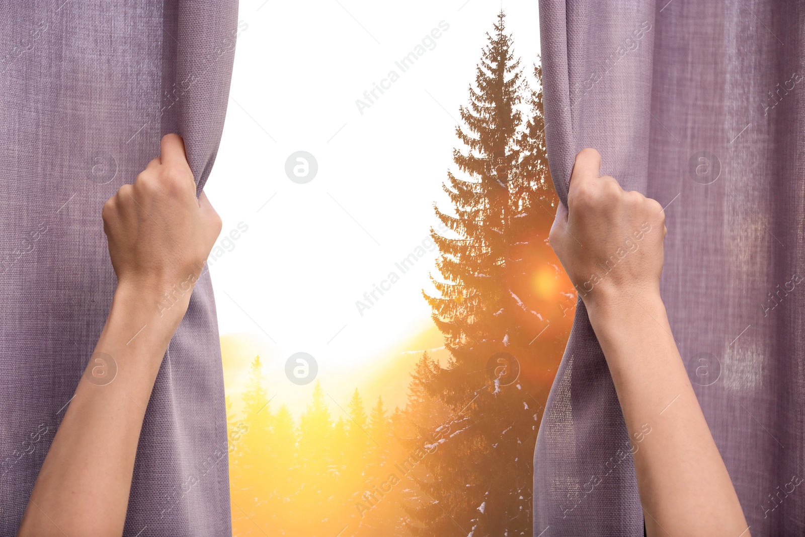 Image of Woman opening curtains at home in morning, closeup