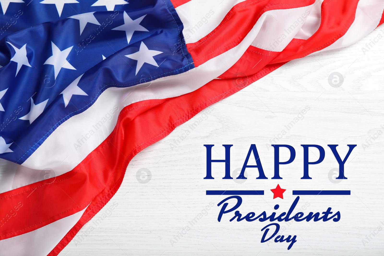 Image of Happy President's Day - federal holiday. American flag and text on white wooden background, top view