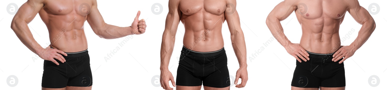 Image of Man in stylish black underwear on white background, set of closeup photos