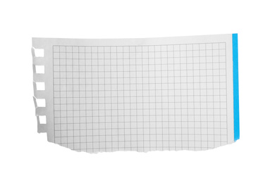 Piece of blank notebook paper isolated on white. Space for design