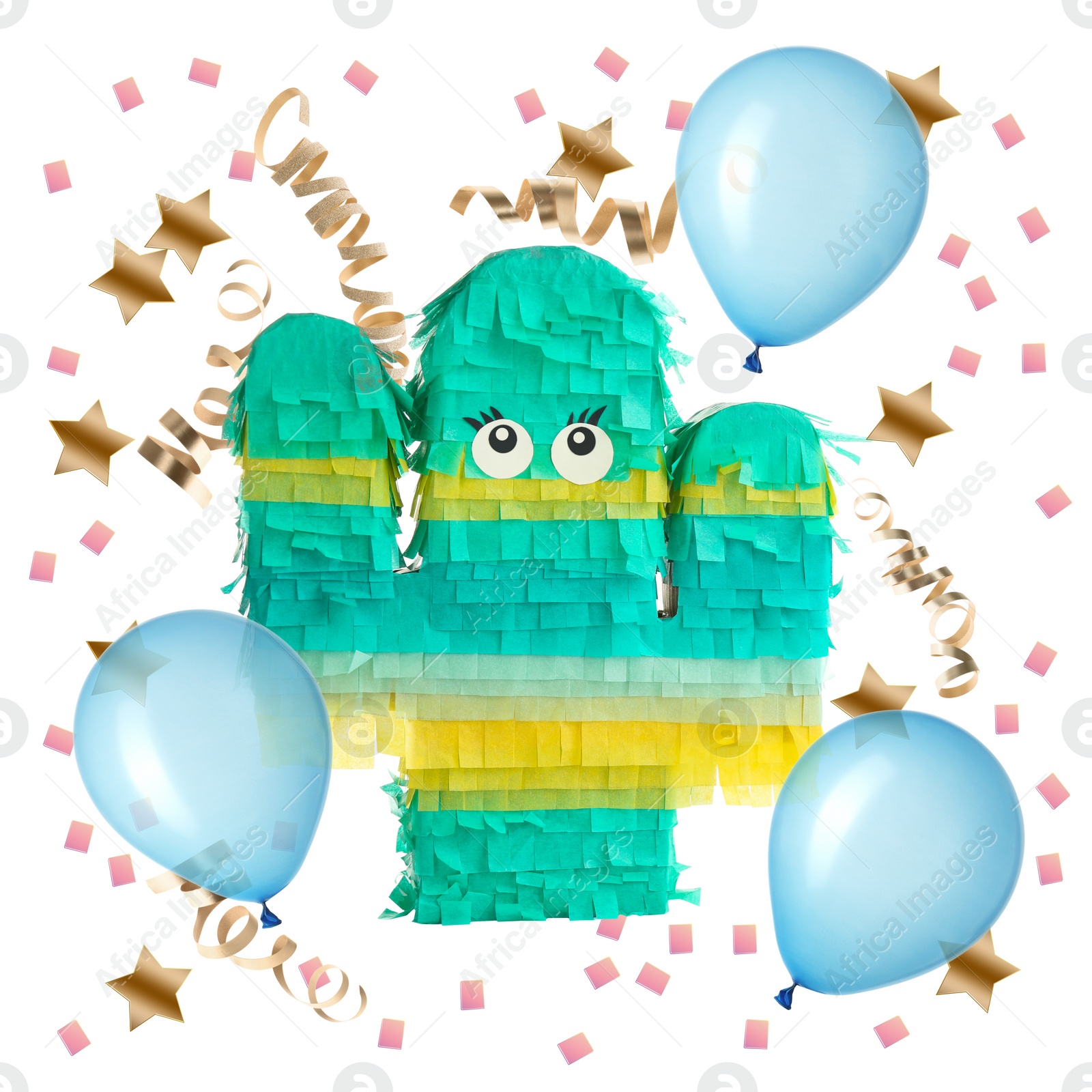 Image of Bright funny pinata and party decor on white background