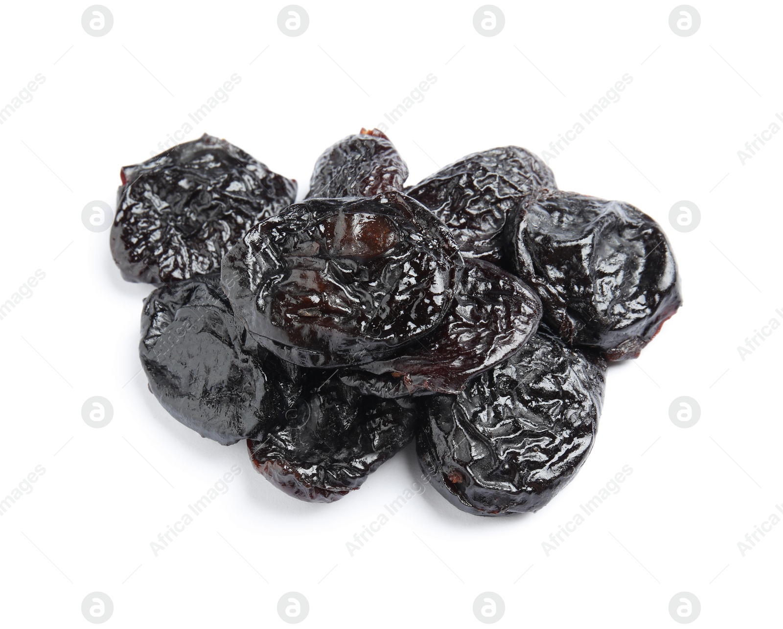 Photo of Heap of tasty prunes on white background. Dried fruit as healthy snack