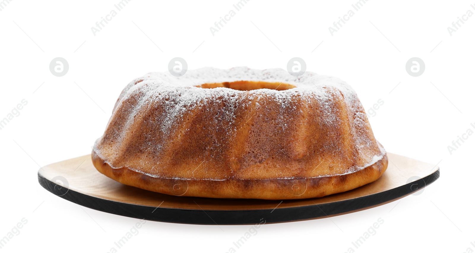 Photo of Homemade yogurt cake with powdered sugar on white background