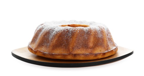 Homemade yogurt cake with powdered sugar on white background