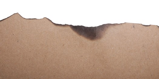 Piece of brown paper with dark burnt borders isolated on white, top view. Space for text