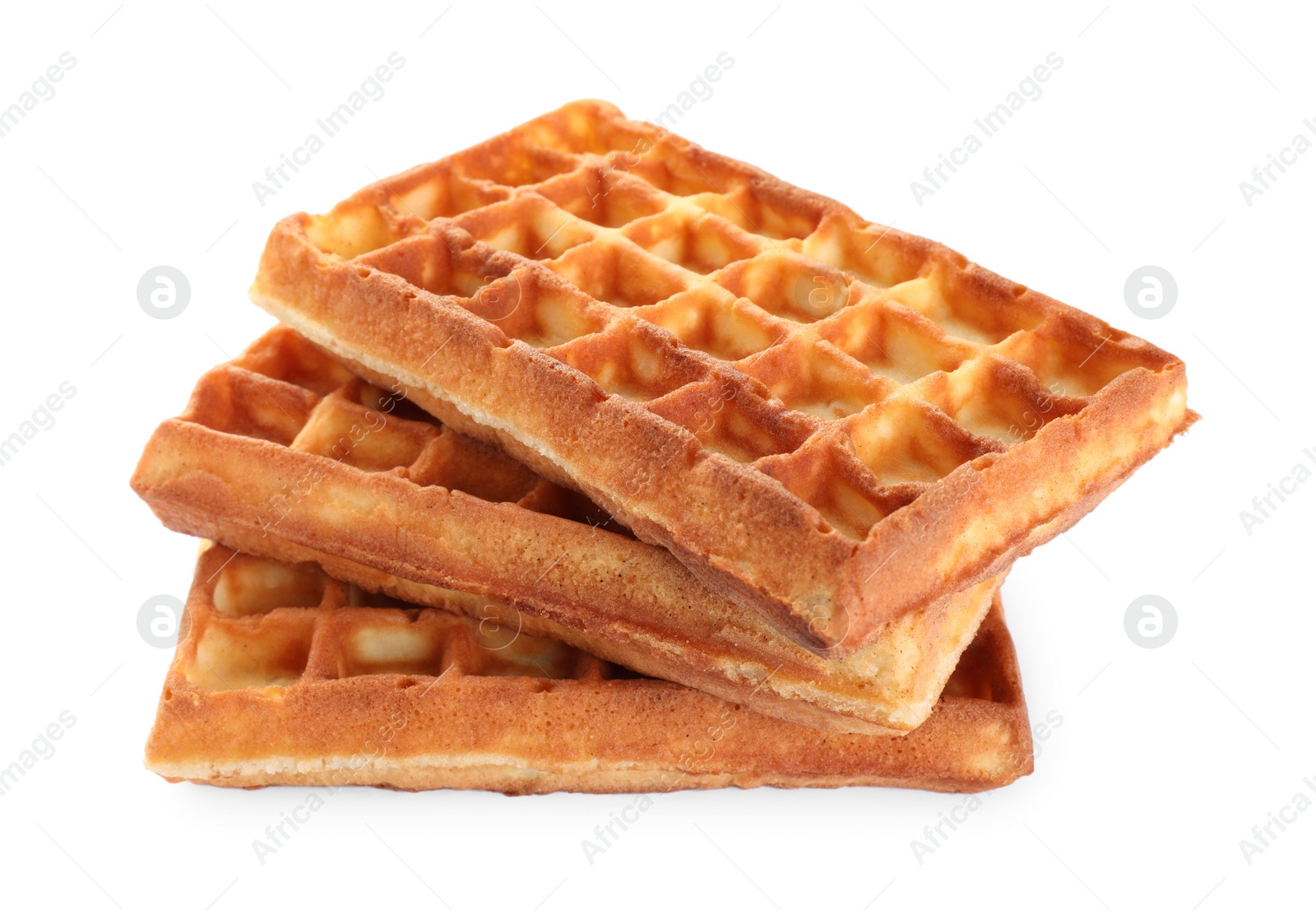 Photo of Three delicious Belgian waffles on white background