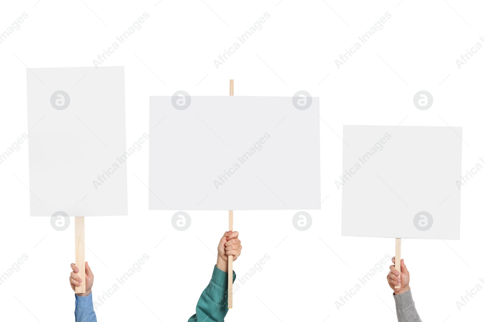 Image of Group of people holding blank protest signs on white background, closeup