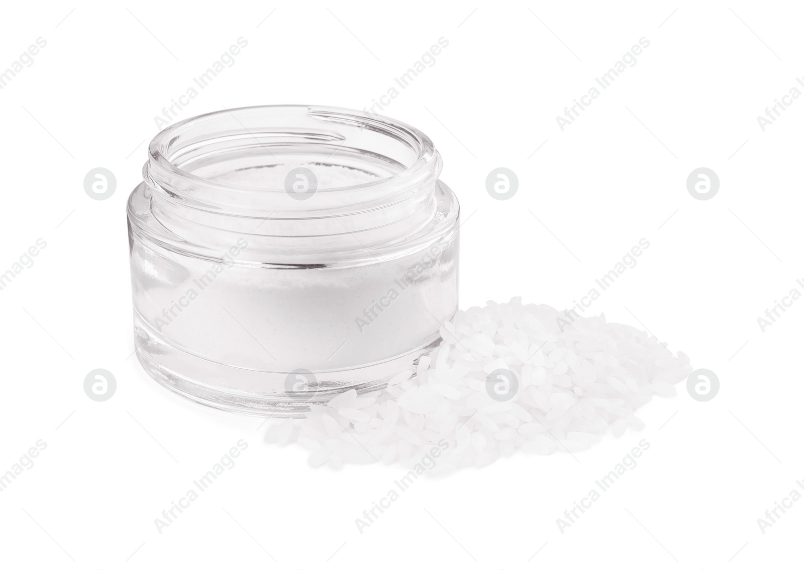 Photo of Loose face powder and rice isolated on white. Makeup product