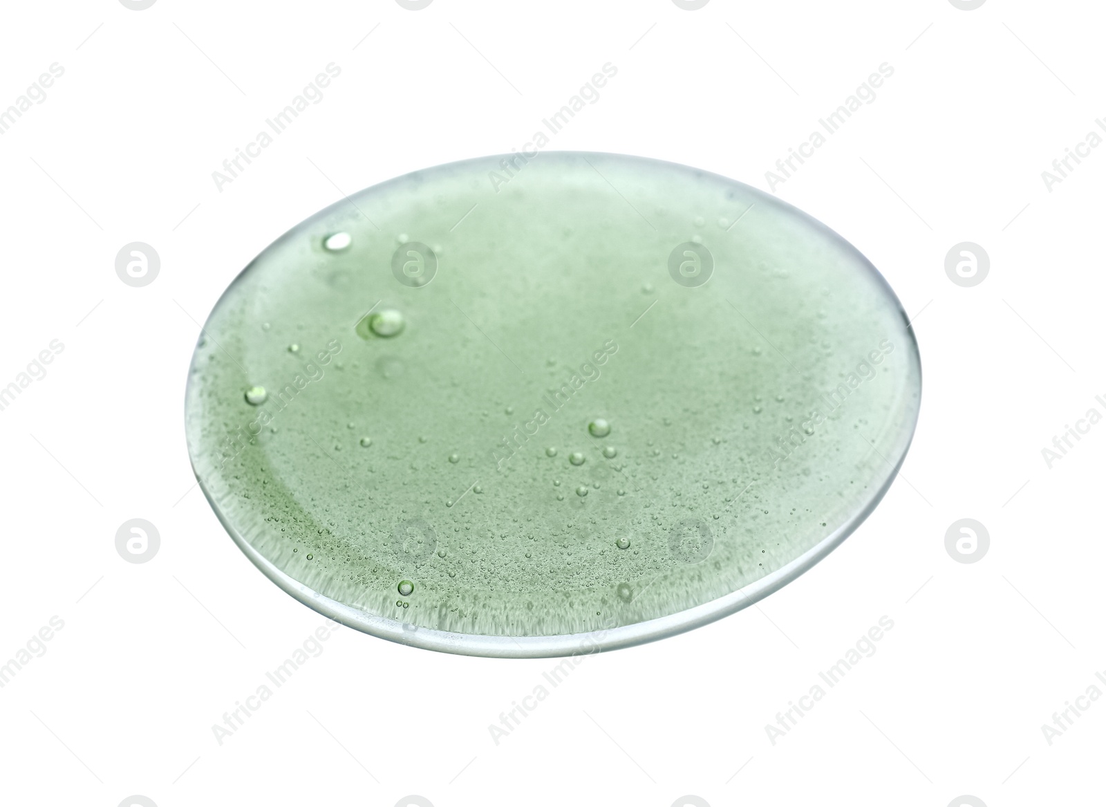 Photo of Sample of transparent shower gel on white background