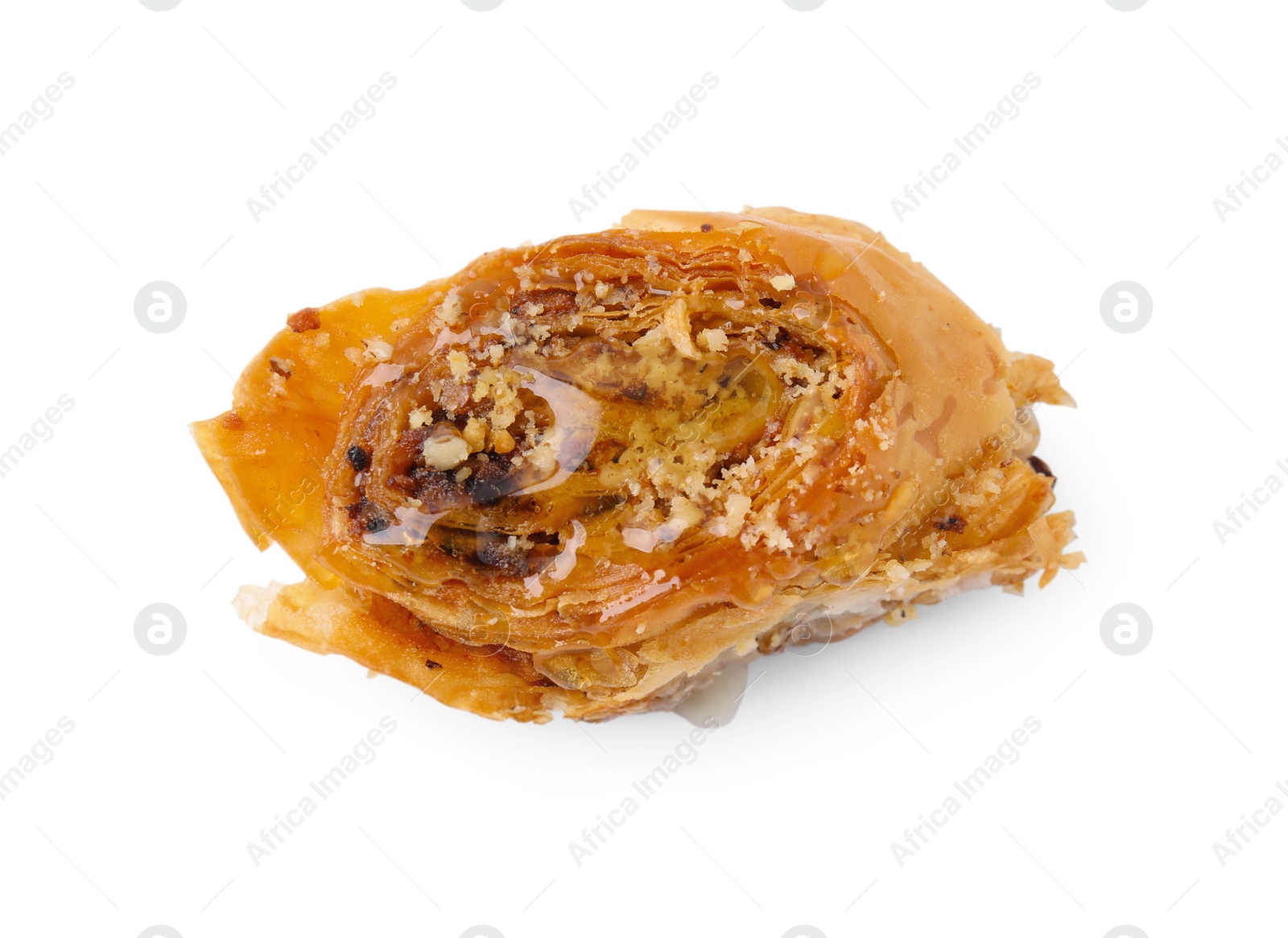 Photo of Eastern sweets. Piece of tasty baklava isolated on white, top view