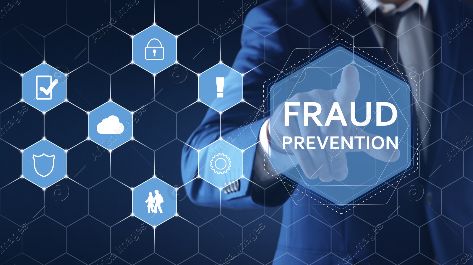 Image of Fraud prevention. Man using digital screen, closeup. Scheme with icons on blue background