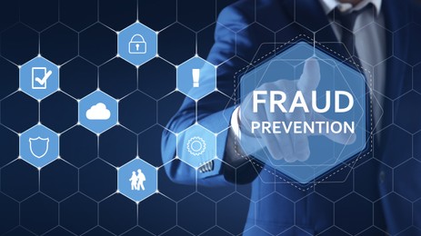 Fraud prevention. Man using digital screen, closeup. Scheme with icons on blue background