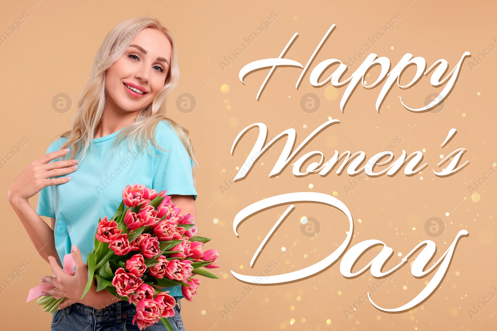 Image of Happy Women's Day - March 8. Attractive lady with bouquet of tulips on dark beige background