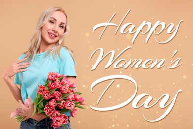 Happy Women's Day - March 8. Attractive lady with bouquet of tulips on dark beige background