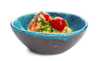 Bowl with tasty shrimps and grits on white background