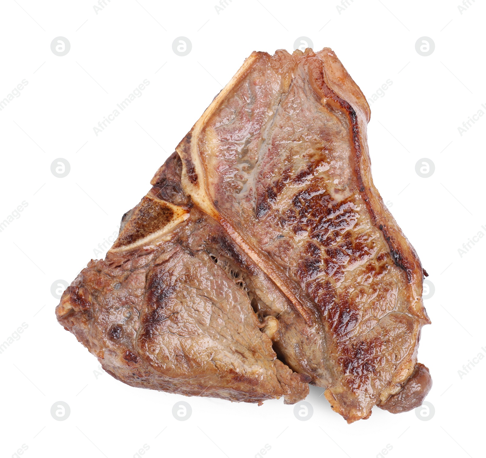 Photo of Delicious fried beef meat isolated on white, top view