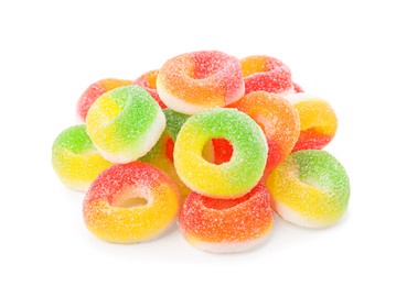 Photo of Pile of tasty colorful jelly candies on white background