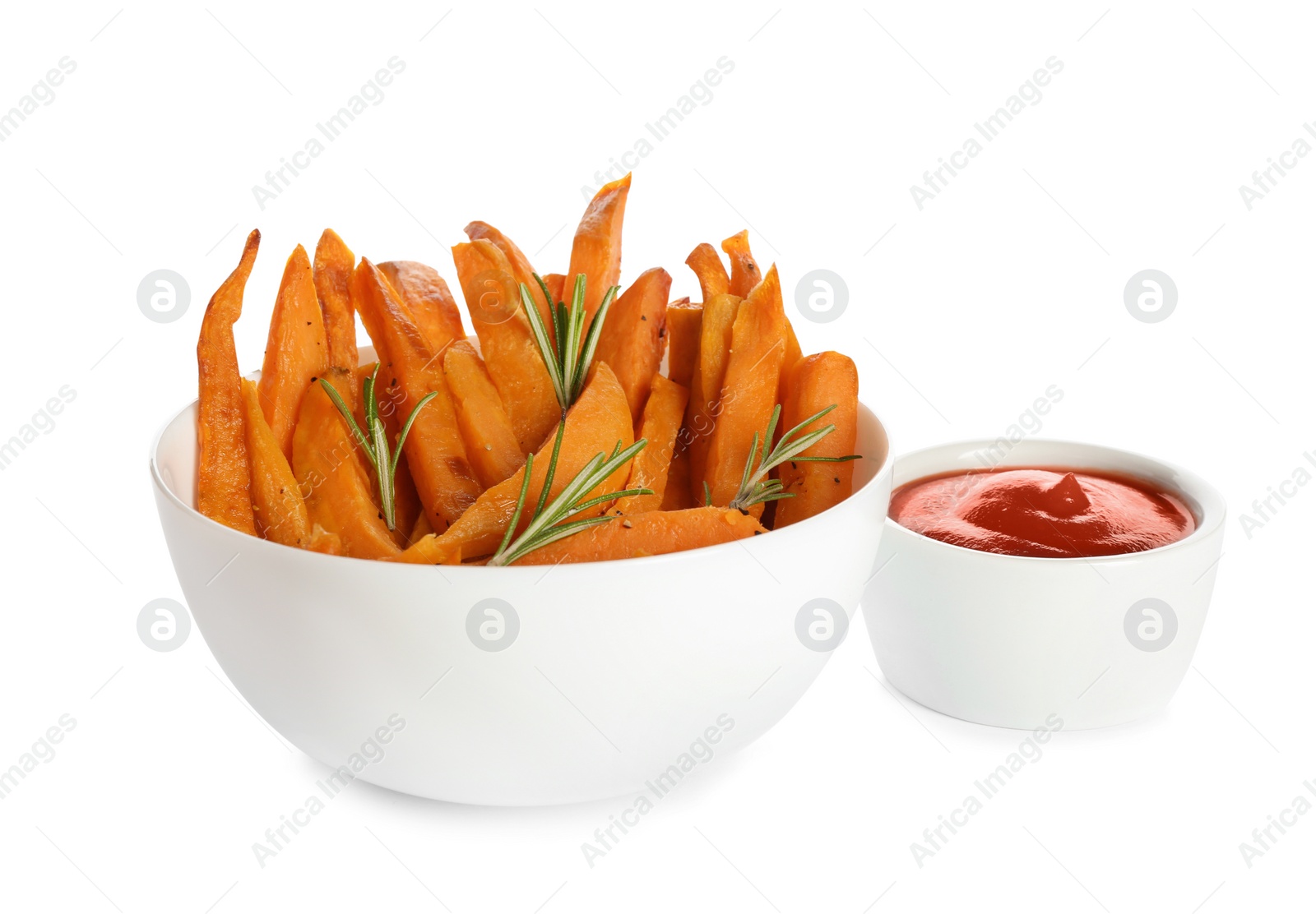 Photo of Bowl with tasty sweet potato fries and sauce on white background