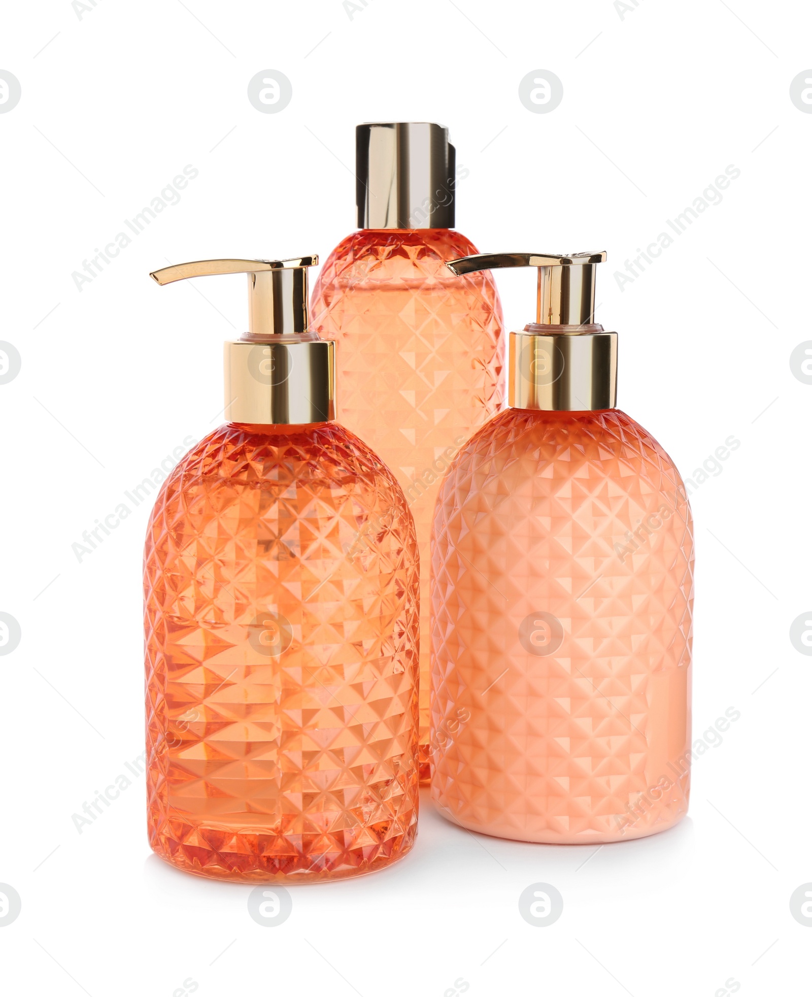 Photo of Stylish containers with skin care products on white background