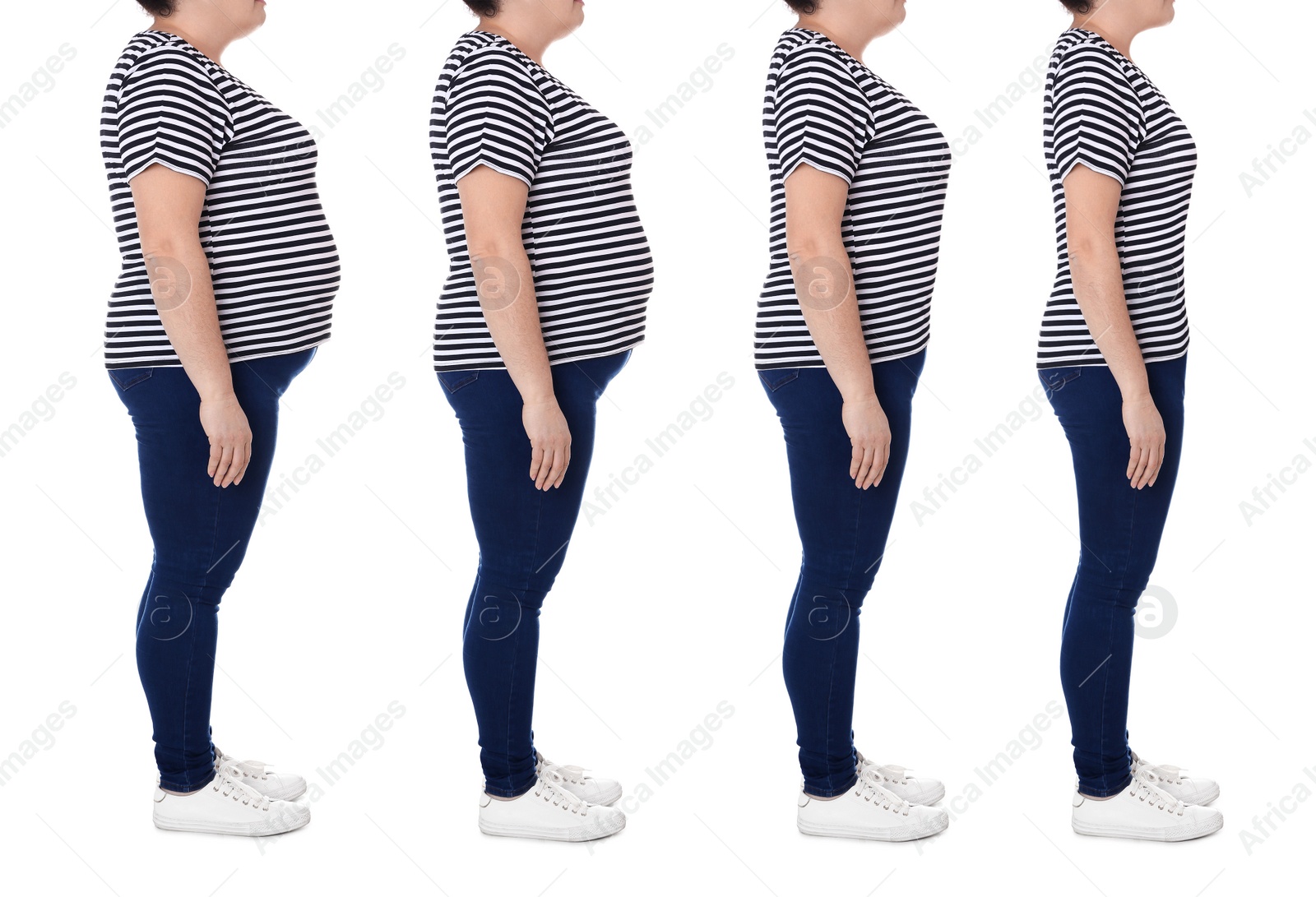 Image of Collage with photos of woman before and after weight loss diet on white background