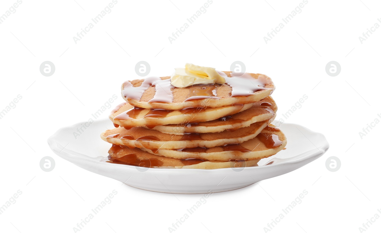 Photo of Plate with delicious pancakes on white background