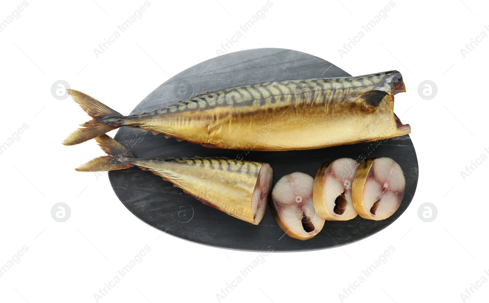 Photo of Delicious smoked mackerel fish on white background, top view