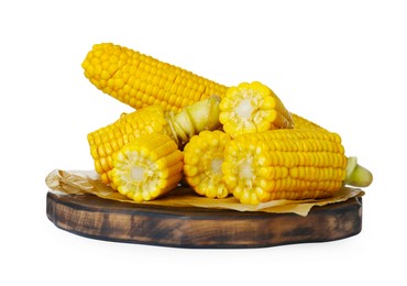 Photo of Board with tasty cooked corn cobs on white background