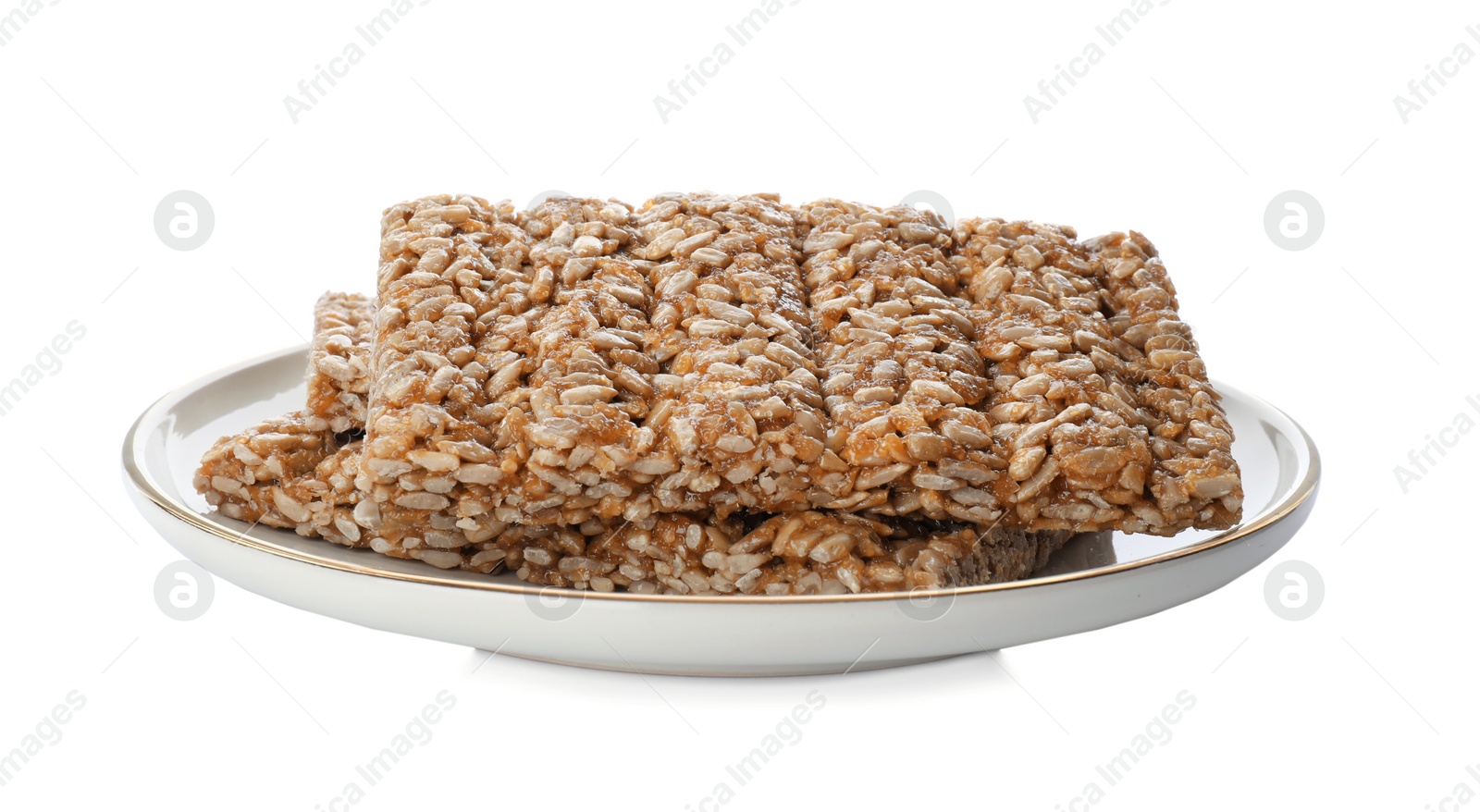 Photo of Delicious sweet kozinaki bars on white background